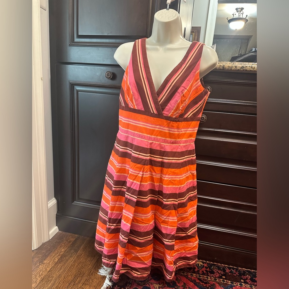 Talbots Striped Pink and Orange V-Neck Dress sundress summer stripes size 8